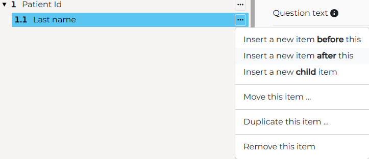 Item button in the question tree